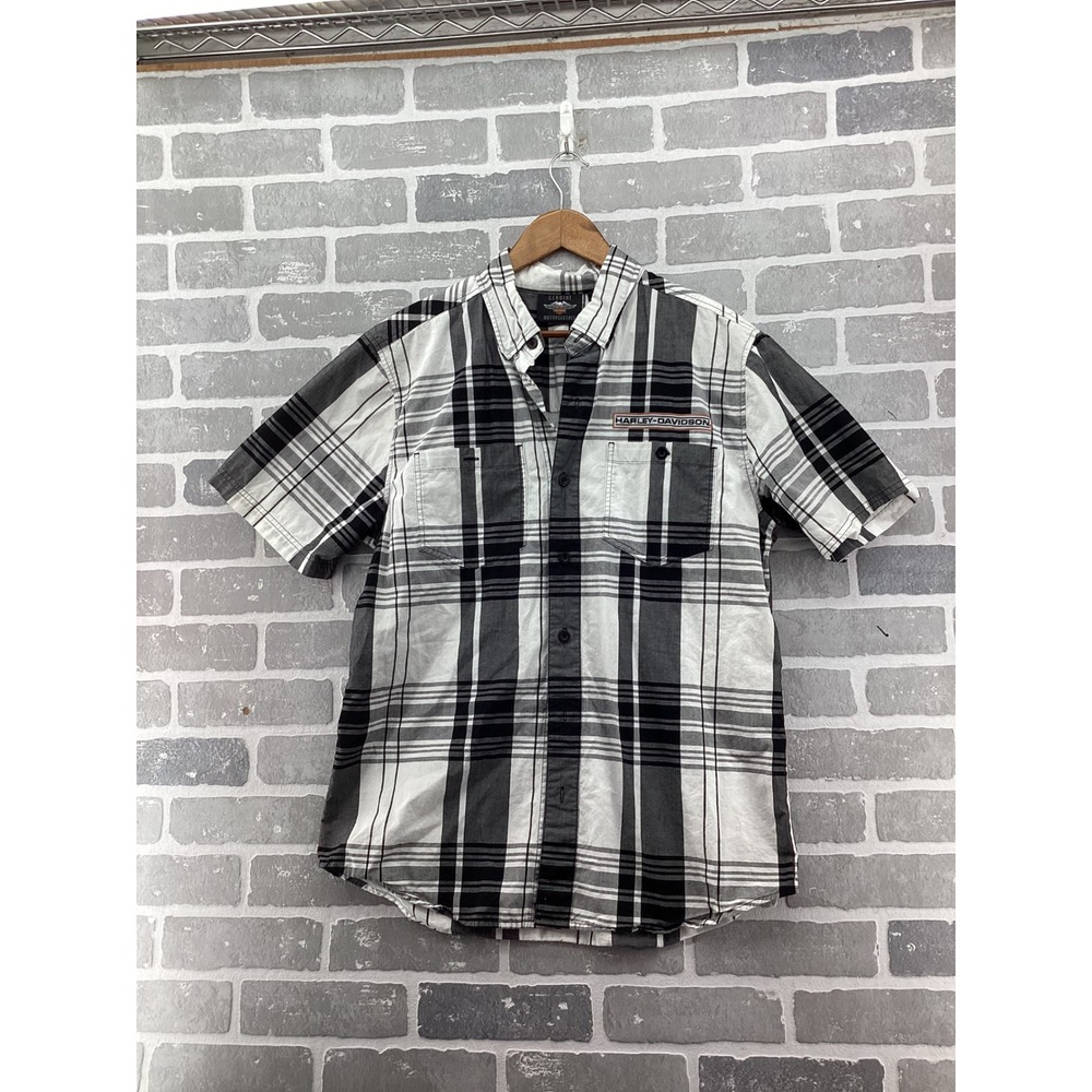 Harley-Davidson Mens Black White Plaid Short Sleeve Button Up Shirt Large Logo